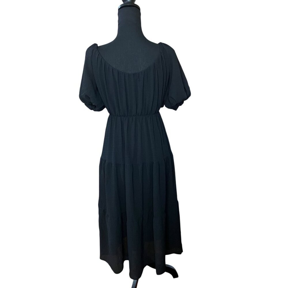 ASTR The Label Black Midi Dress WOMEN S BLACK Puff Sleeves & Smocked Waist - Picture 3 of 8